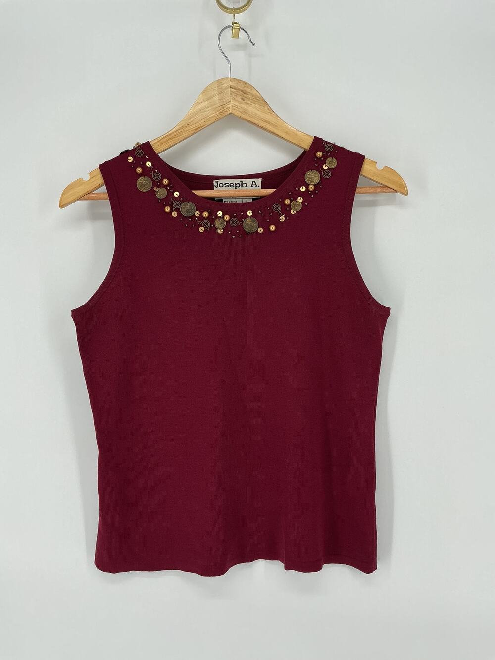 Joseph A. Y2K Burgundy Embellished Knit Tank Top L Coin Beaded Boho Statement